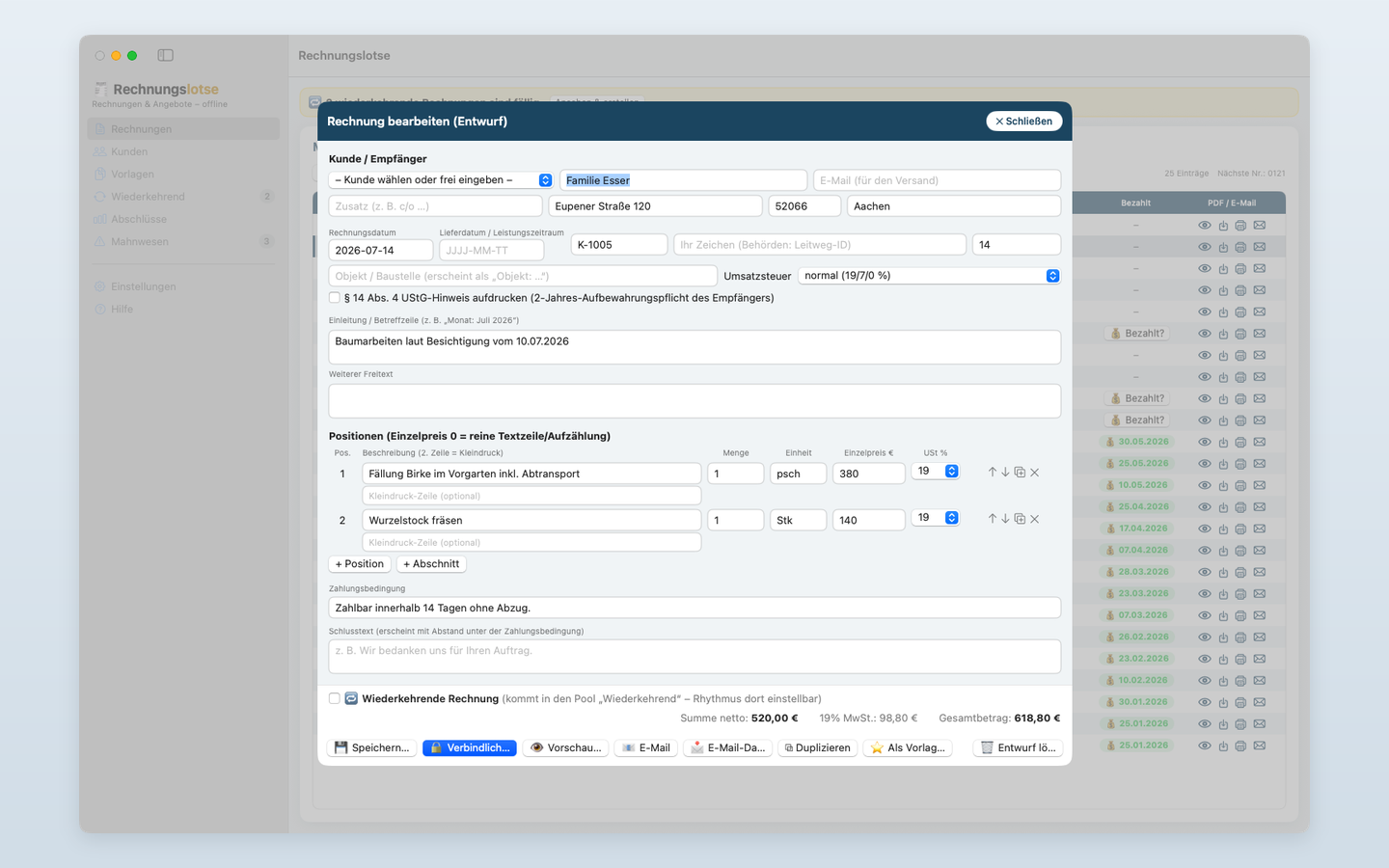 Rechnungslotse für Mac – Rechnungseditor mit Positionen und Live-Summen
