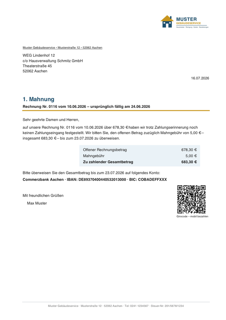 Mahnschreiben aus Rechnungslotse mit Forderungsaufstellung und Girocode