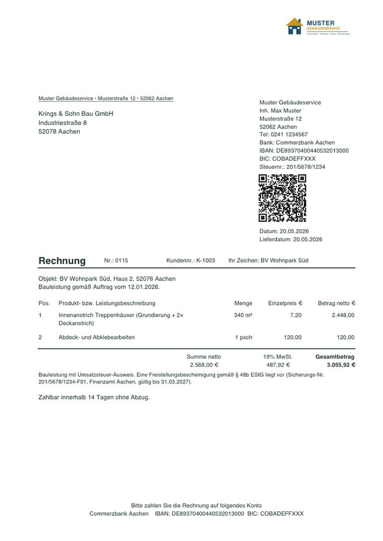 Beispielrechnung aus Rechnungslotse mit Firmenlogo und Girocode-Zahlungs-QR